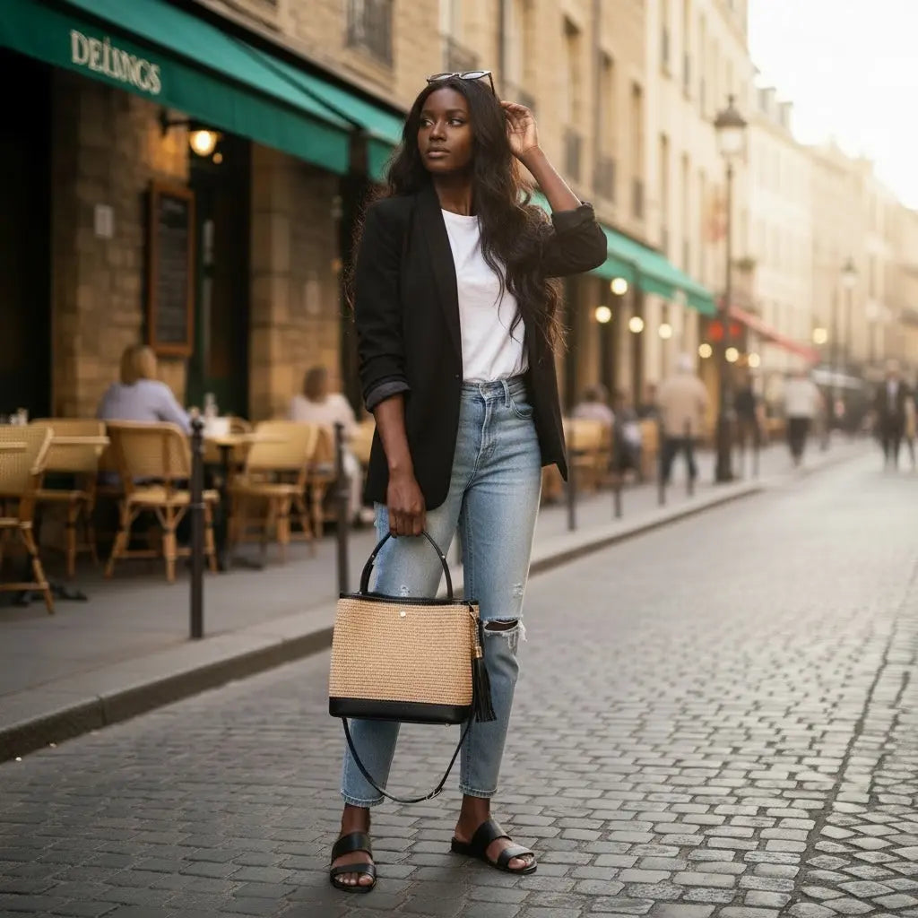 THE PAULI RAFFIA AND LEATHER HANDBAG thebagicon