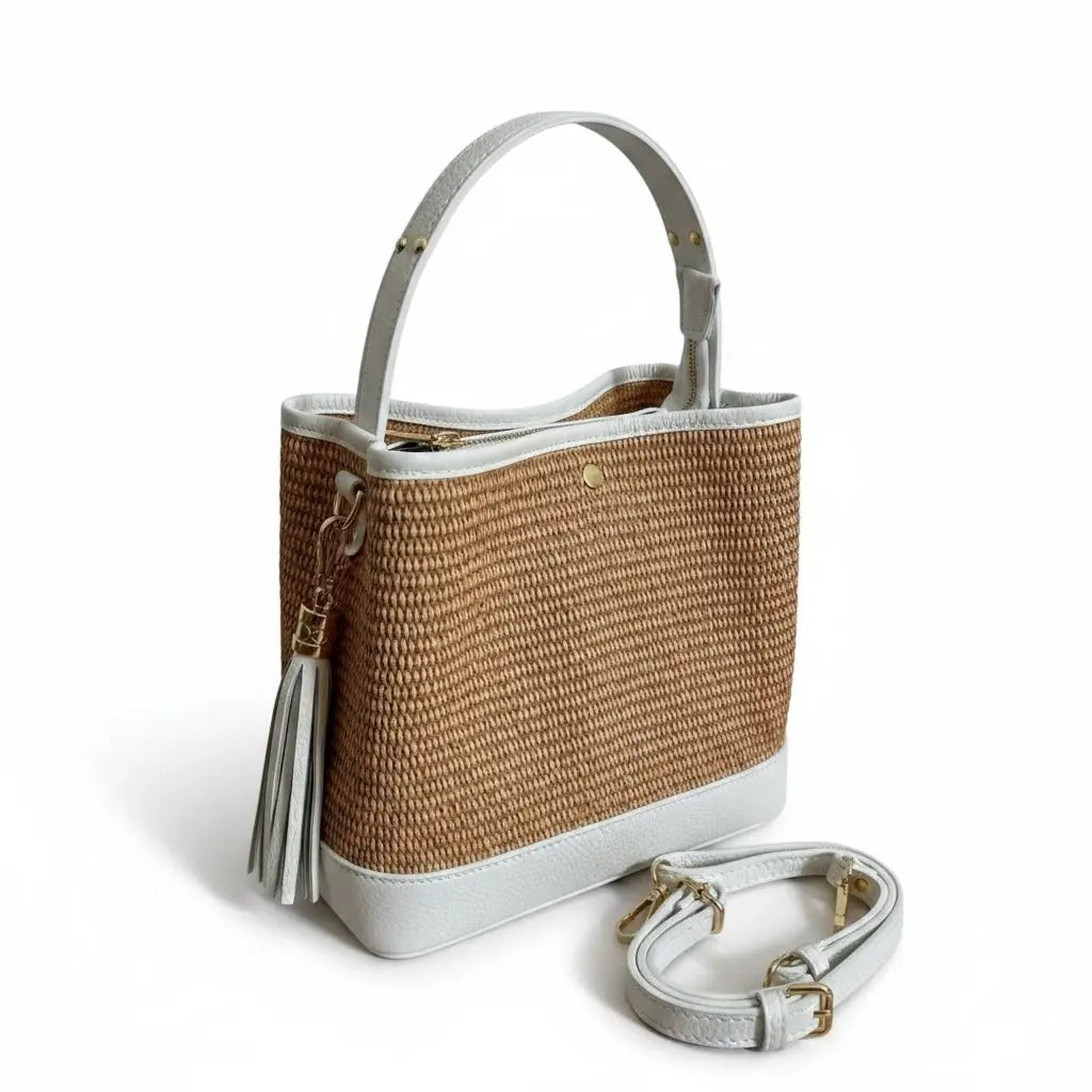 THE PAULI RAFFIA AND LEATHER HANDBAG thebagicon