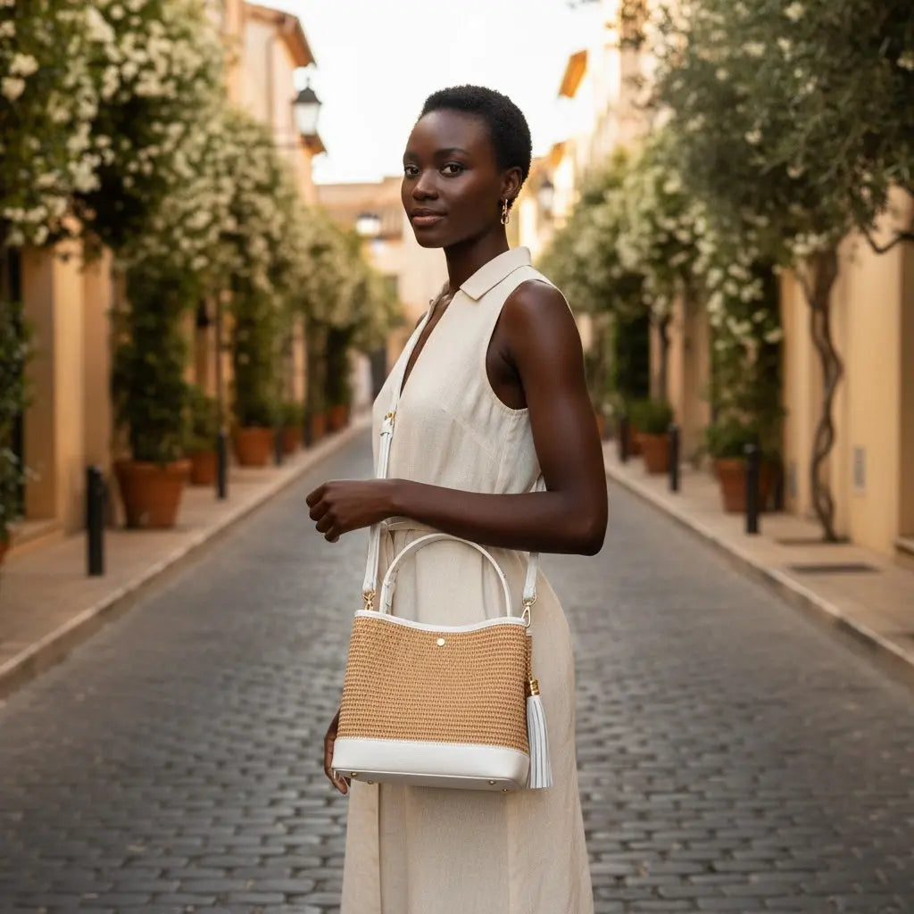 THE PAULI RAFFIA AND LEATHER HANDBAG thebagicon